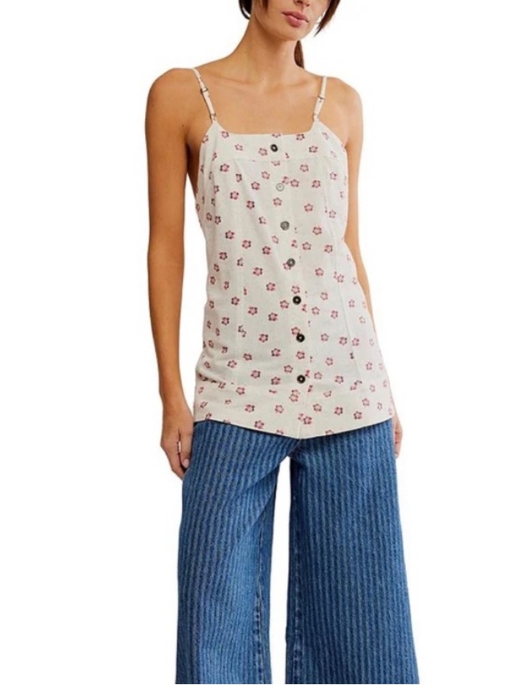 Free People Floral Print Cream Spaghetti Strap Tank